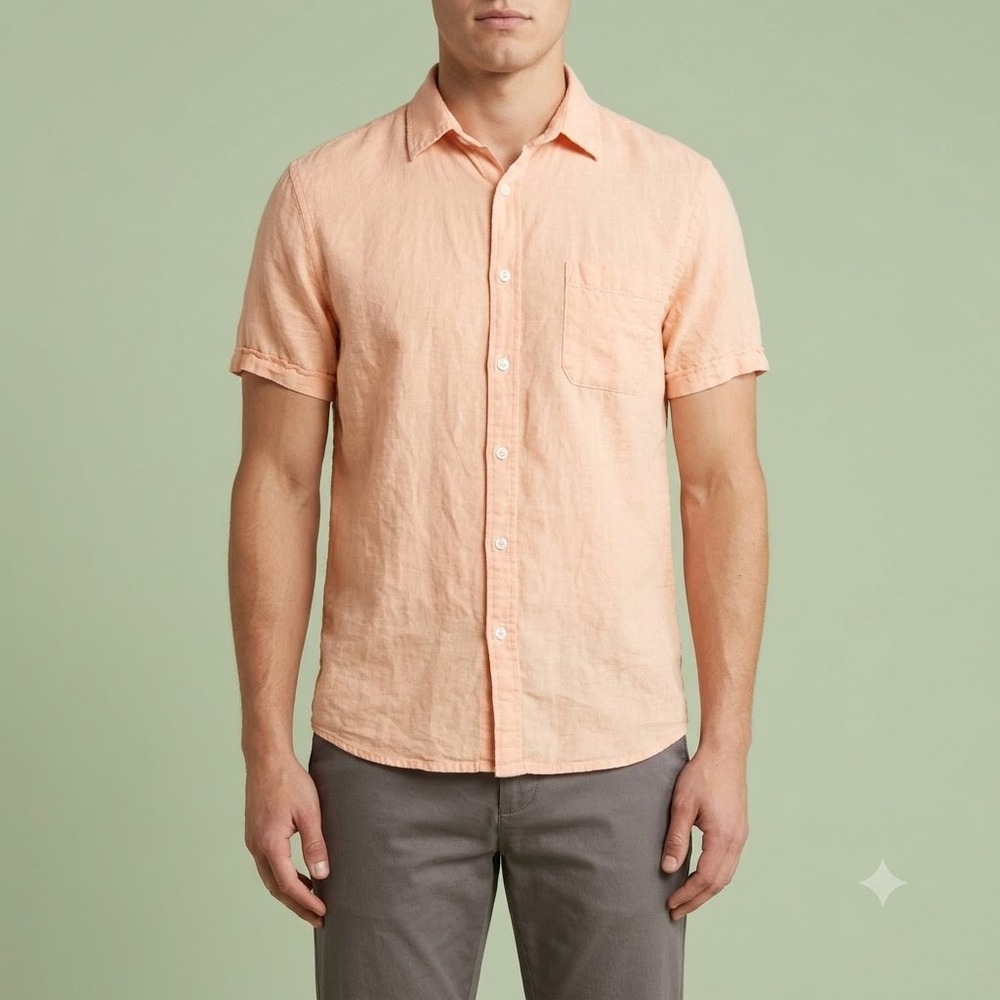 Saks Fifth Avenue Shirt Mens Small Peach Linen Viscose Short Sleeve Button Up
